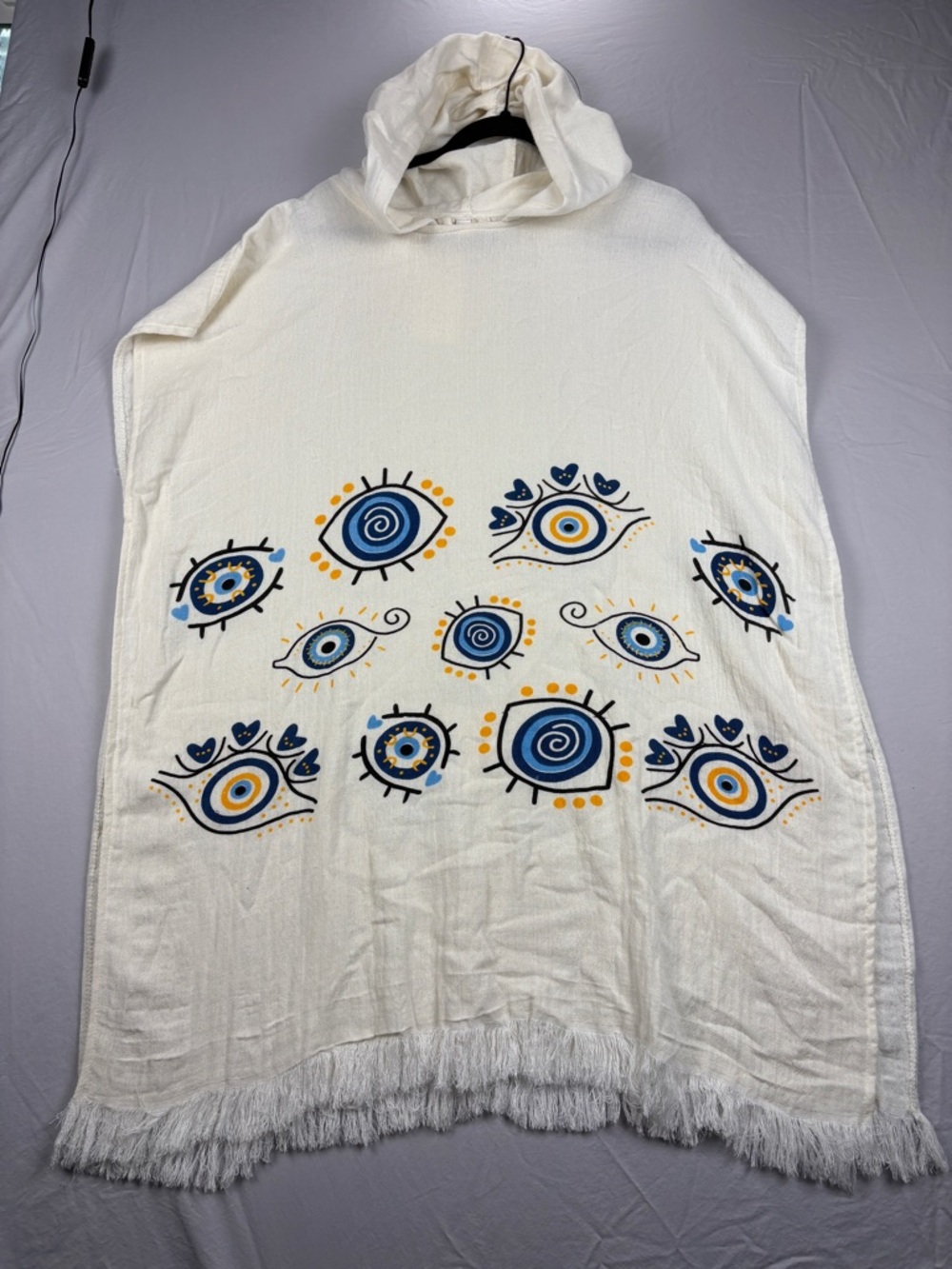 KISA Hooded Poncho Cover Up Evil Eye Fringe Hem White S/M NWT Boho Beach